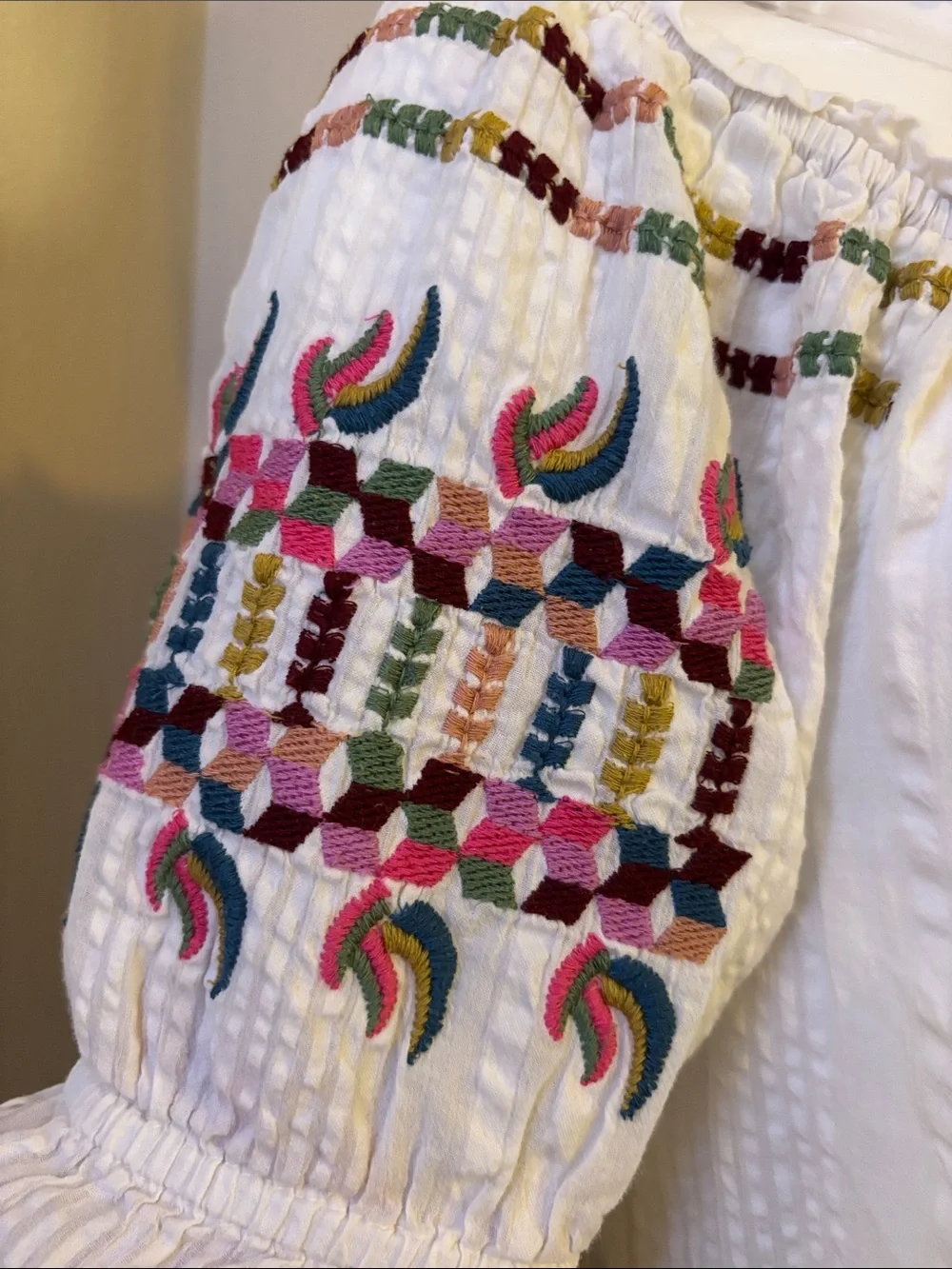 Anthropologie White Off-Shoulder Blouse with Multicolor Embroidery